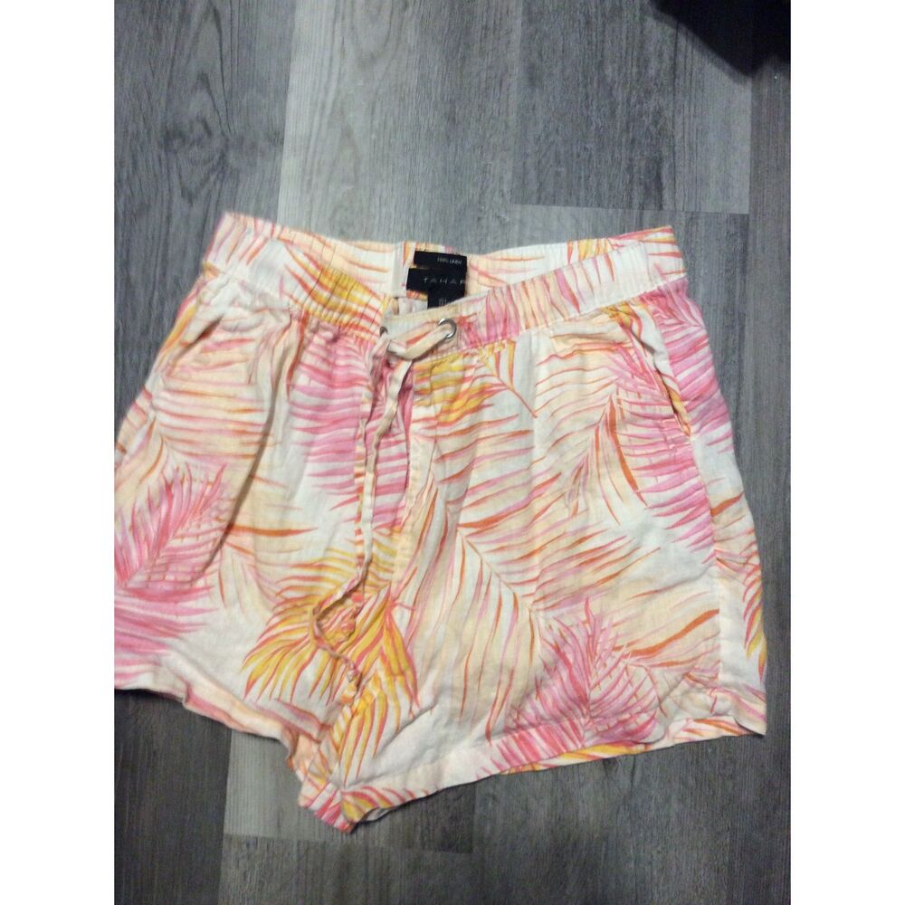 Tahari 100% Linen Tropical Pink Yellow Orange Beige Shorts Large L Vacay Summer